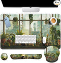Britimes Cute Cat Keyboard Mouse Pad Set Green Plants 4in1 Large Mousepad+Keyboard Wrist Rest+Mouse Wrist Rest+Coaster Ergonomic Design for Home Office Computer 35.4x15.7 inches