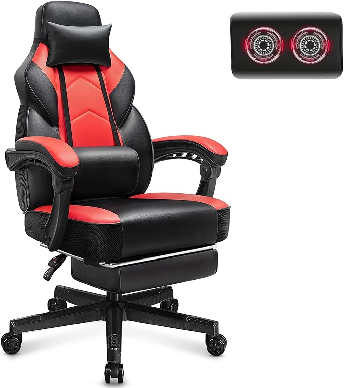 Gaming Chair with Footrest Video Game Chair for Adults Big and Tall Computer Chair with Massage Lumbar Support 330lb Weight Capacity Ergonomic Adjustable Height and 360° Swivel Seat (Red)