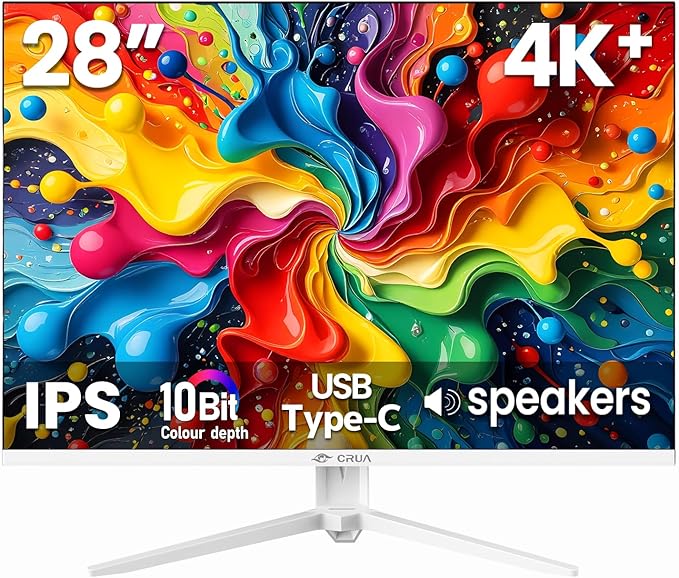 CRUA 28 Inch White Monitor 4K UHD+ 3840×2560 IPS 60Hz Computer Monitors 15:10 Aspect Ratio 120% sRGB 10-Bit Color Support FreeSync Built-in Speakers USB Type-C HDMI 2.0 &amp DP 1.4 Wall Mount