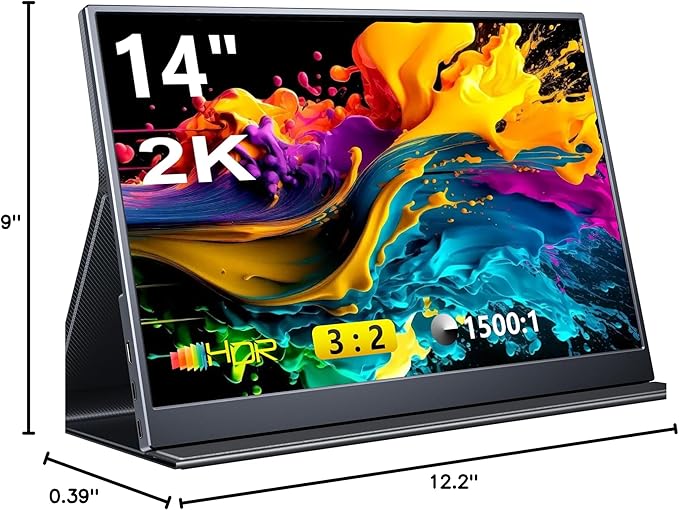 Portable Monitor 14 inch 3:2 QHD IPS Laptop Display Dual USB C HDMI Laptop Screen Extender 2160 * 1440P Gaming Display with 2 Speakers Travel Monitor for Laptop PS4/5 PC Phone Xbox Switch