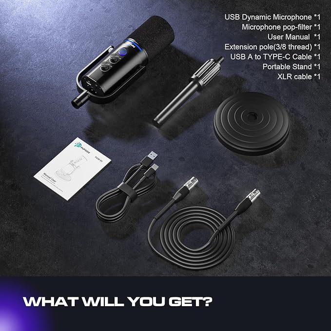 PUPGSIS Podcast Dynamic Microphone XLR/USB Recording PC Microphones for Broadcast Podcast Recording Gaming &amp Streaming Studio Mic with Mute Headphone Jack Monitoring Volume Control Windscr