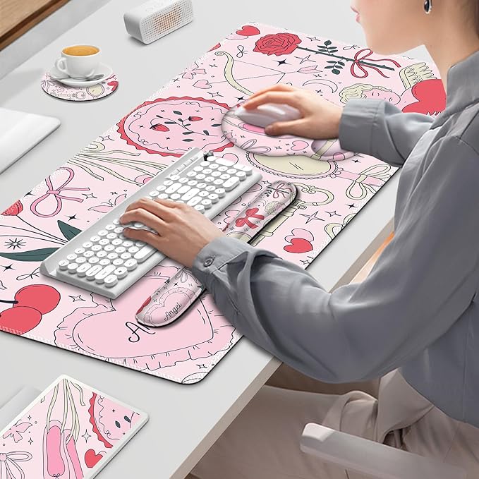 Gaming Mouse Pad Large Desk Mat Cute Desk Pad Protector 4in1 XXL Mousepad + Keyboard Wrist Rest+Mouse Wrist Rest+Coaster Set with Ergonomic Desk Pad for Home Office Computer Adorable Rose Bow
