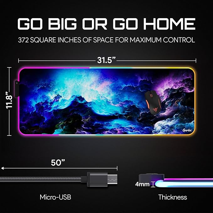 Gerlos RGB Large Gaming Mouse Pad Extended Soft LED Mouse Pad Non-Slip Rubber Base Water Resist Keyboard Pad Computer Mousepad 31.5×11.8 inches