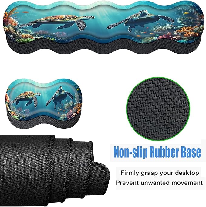 Keyboard Wrist Rest and Mouse Pad Set31.5x11.8 Inches Desk MatWaterproof Non-Slip Ergonomic Wrist Support for Pain ReliefExtended Desk Protector for Office Home GamingCute Turtle