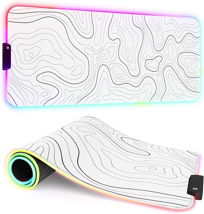 ITNRSIIET RGB Gaming Mouse Pad Full Desk XL Extended Large Gaming Mousepad 12 Lighting Modes 30% Thicker Big LED Desk Mat for Gamers 32 x 12 inches Topographic Contour White