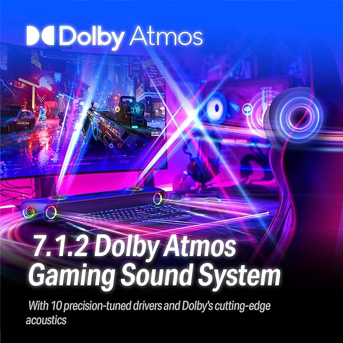 OXS Thunder Pro+ Gaming Soundbar with Wireless Satellite Neck Speaker 7.1.2 Dolby Atmos Surround Sound System Built-in Woofer App Customization RGB Effects 3 Pro Gamer Modes Sleek Toggle Design
