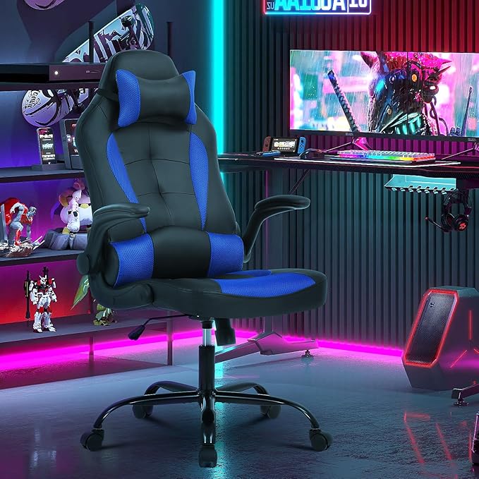 Gaming Chair PU Leather Computer Chair with Flip-up Armrest and Lumbar Support Ergonomic High Back Home Office Chair Comfy Video Game Chair for Home Bedroom Blue