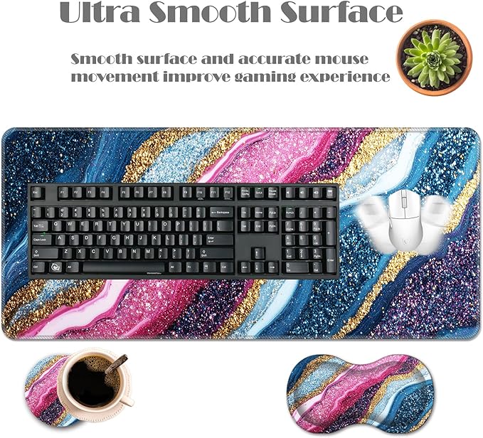 Ergonomic Keyboard Wrist Rest &amp Mouse Pad Wrist Rest SetXL Gaming Desk Mat 31.5x 11.8Non-Slip BaseMemory FoamEasy Typing Pain Relief for Office &amp HomePink Blue Gold Glitter