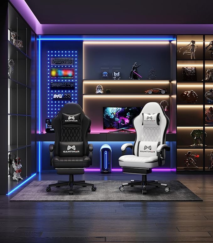 Gaming Chair with Footrest Ergonomic Computer Chair PU Breathable Material with Headrest and Lumbar Support Suitable for Silla Gamer and Adults(Black)