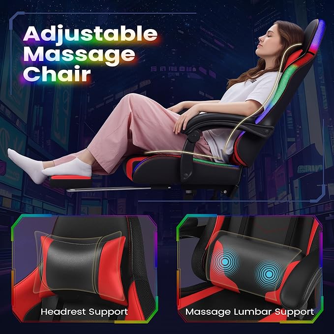 Homall Gaming Chair Video Game Chair with Footrest and Massage Lumbar Support Ergonomic Computer Chair Height Adjustable with Swivel Seat and Headrest (RGB Red)