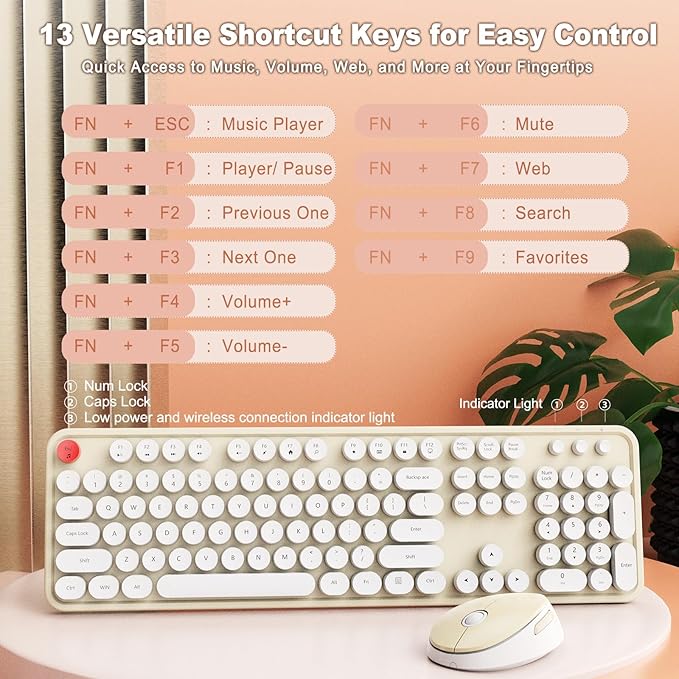 HotFox Wireless Keyboard and Mouse Combo Full-Size Retro Typewriter Keyboard with Round Keycaps Ergonomic Design for Windows PC Home and Office Use - Cream
