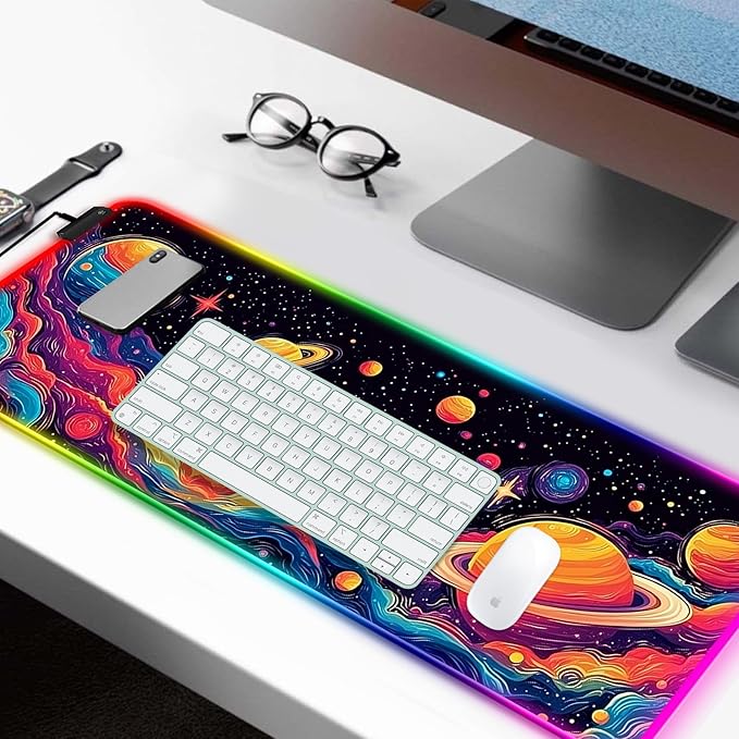 RGB Fantasy Space Planet Gaming Desk Mat Computer Keyboard Large Extended Long Boy LED Mouse Pad for Office and Home XL (W09)