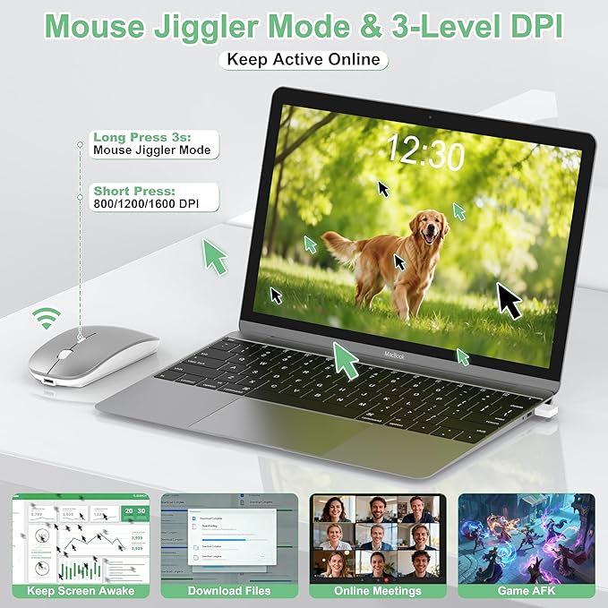 Wireless Mouse for Laptop/MacBook Air/Pro &amp iPad Mouse Jiggler Mode Bluetooth 5.2/2.4G Rechargeable Silent Click 3-Level DPI Slim Portable USB-A&ampC Receiver (Mouse Jiggler Mode Silver)