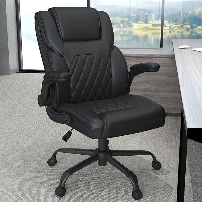 AnyGod Executive Office Chair Comfy Ergonomic Computer Desk Chairs with Flip-up Armrests Lumbar Support High Back 360° Swivel and Rocking Function for Home Office