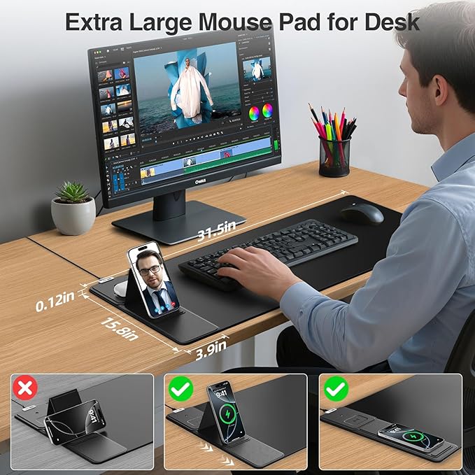 Wireless Charging Mouse Pad with Foldable Phone Holder 31.5x15.8 Large Desk Mat for Laptop/Keyboard Waterproof Ultra-Smooth Surface Non-Slip Base Black