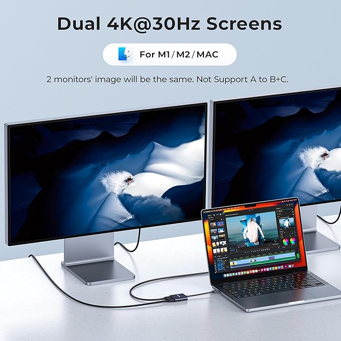 RayCue USB-C to Dual HDMI Adapter 4K@60Hz Type-C to HDMI Converter for Dual Monitors USB-C Hub for MacBook/Laptop/HP/Dell/Surface/Lenovo/Thinkpad/Chromebook