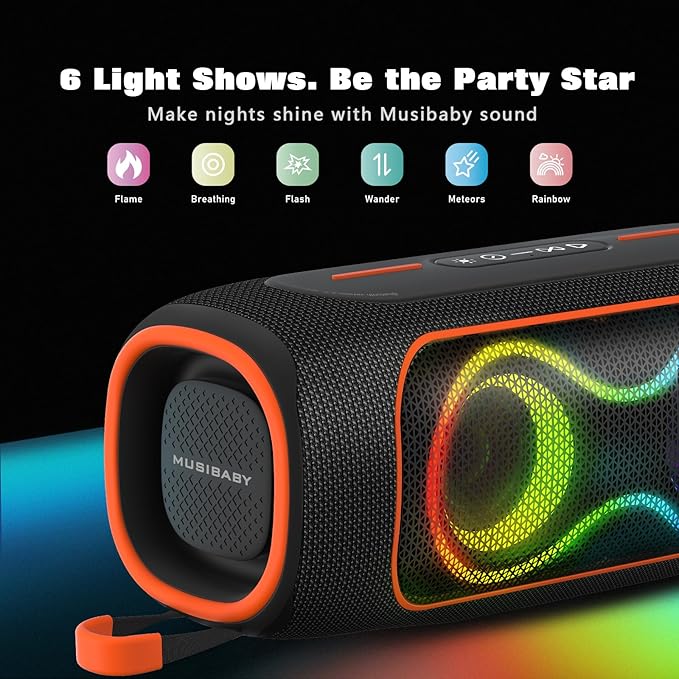 Musibaby 80W Bluetooth Speaker Loud Portable Speaker with Deep Bass Waterproof Outdoor Speaker with RGB Lights for Camping Beach &amp Party 24H Playtime BT5.3 Dual Pairing