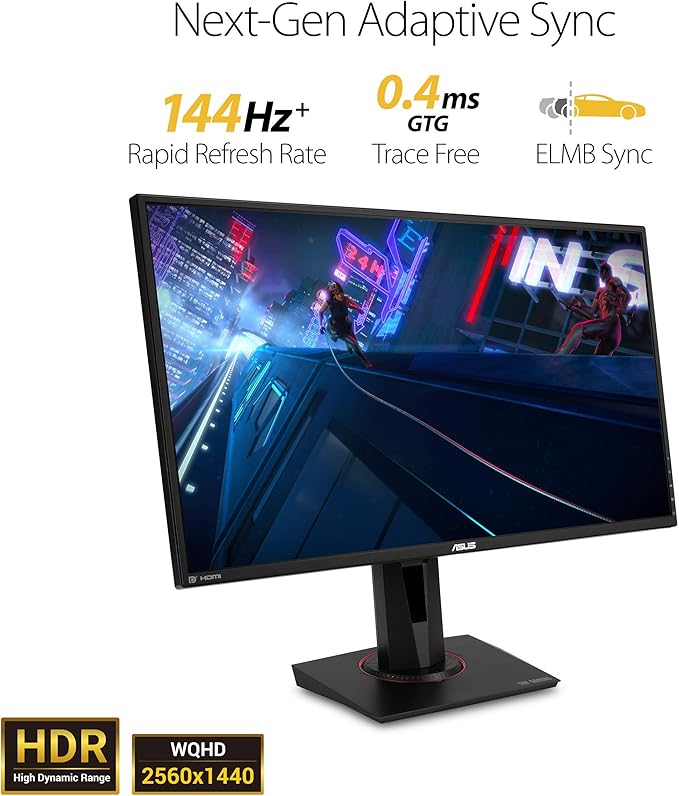ASUS TUF Gaming 27 2K HDR Gaming Monitor (VG27BQ) - QHD (2560 x 1440) 165Hz (Supports 144Hz) 0.4ms Extreme Low Motion Blur Speaker G-SYNC Compatible VESA Mountable DisplayPort HDMIBlack