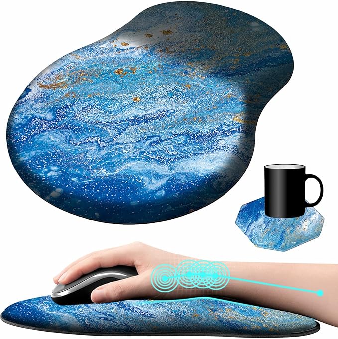 Mouse Pad with Wrist Support Gel Blue Ocean Pattern Design Ergonomic Gaming Mousepad with Wrist Rest for Laptop Computer Home Office Working Mouse Mat + A Cute Coffee Pad