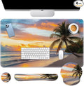 Arttown Sunset Ocean Desk Mat Tropical Beach Mouse Pad Set 4 in 1 Summer Sea Ergonomic Design Large Desk Pad + Keyboard Wrist Rest + Mouse Wrist Rest + Coaster Suitable for Home Office Study Game