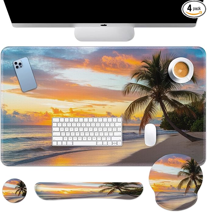 Arttown Sunset Ocean Desk Mat Tropical Beach Mouse Pad Set 4 in 1 Summer Sea Ergonomic Design Large Desk Pad + Keyboard Wrist Rest + Mouse Wrist Rest + Coaster Suitable for Home Office Study Game