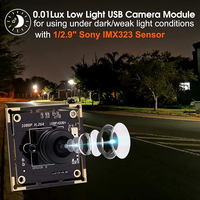 SVPRO Fisheye Lens 180 Degree USB Camera Module HD 1080P Sony IMX323 USB Camera Board with Microphone 0.01Lux Low Light Web Security Cam H.264 Video Output