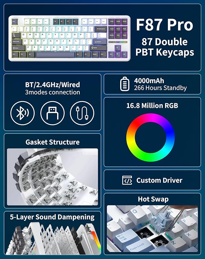 Aula F87 Pro Wireless Mechanical Keyboard 87-Key TKL Tri-Mode (BT5.0/2.4G/USB-C) Hot Swappable Gasket Mount Keyboard 4000mAh Battery RGB Backlit PBT Keycaps Custom Gaming Keyboard for PC Mac