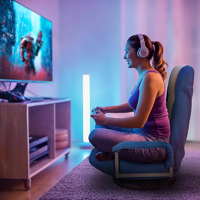 360 Degree Swivel Gaming Chair Foldable Floor Sofa Chair for TV Reading Playing Video Games with Lumbar Support Armrest Handles Adjustable Backrest Blue &amp Beige