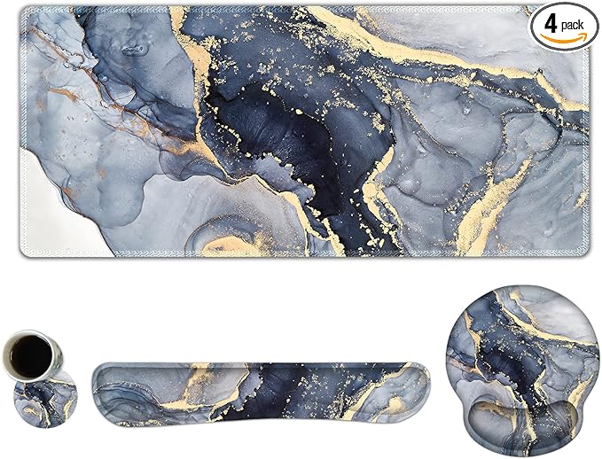 ARTSO Large Mouse Pad Ergonomic Keyboard Wrist Rest Support Combo Memory Foam Gel Extended Desk Mat Protector Non-Slip Desk Blotter Dark Blue Marble