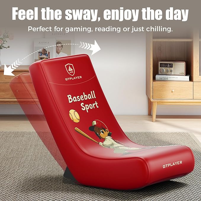 GTPLAYER Gaming Floor Rocking Chair – Rocker Floor Game Chair with Angle Limiter Stylish Patterned Design Comfortable Video Game Seat Red Baseball Pattern