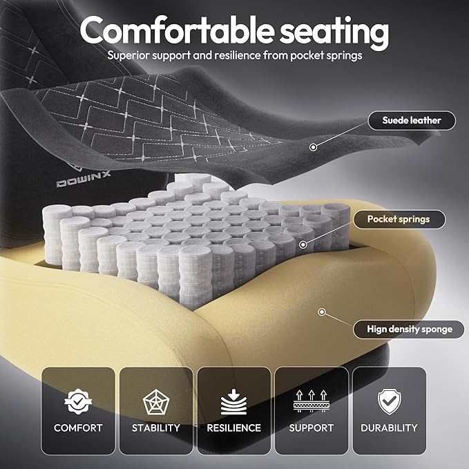 Dowinx Fabric Gaming Chair with Heated Massage Lumbar Support Big and Tall Ergonomic Office Chair with Pocket Spring Cushion and Footrest High Back Computer Chair for Adults 350lbs Deep Black