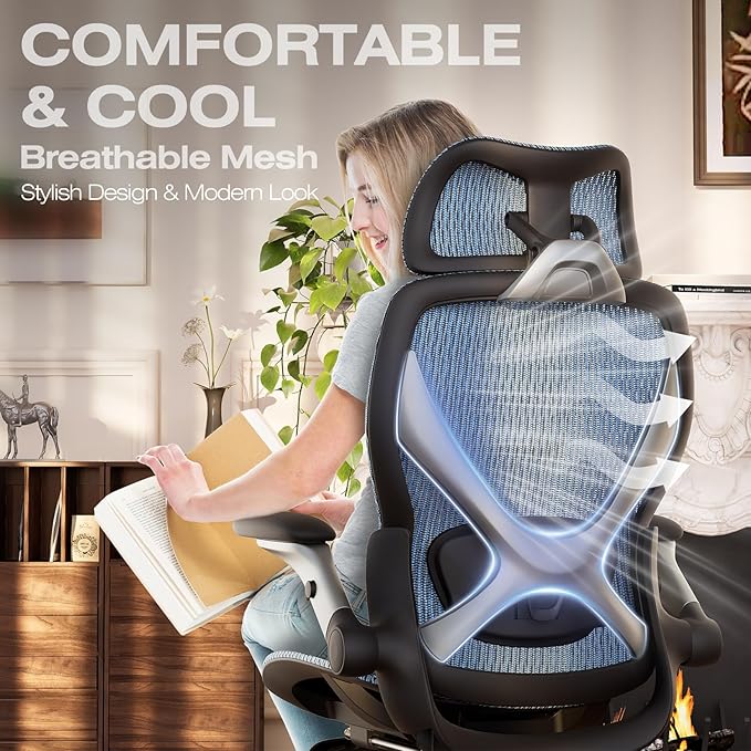 ELABEST X100 Ergonomic Office Chair with Footrest Big and Tall Home Desk Chair with 5D Flip-Up Arms Adjustable 3D Lumbar SupportHigh Back Rolling Computer Chair Swivel Mesh Chairs (Oaxaca Blue)