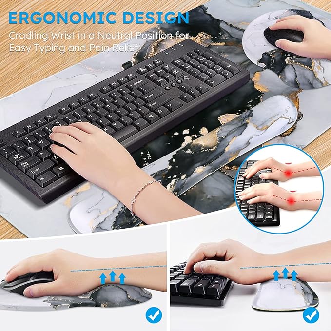 iCasso Desk Mat Gaming Mouse Pad Wrist Support Set4in1 XXL Large Mousepad + Keyboard Wrist Rest+Mouse Wrist Rest+Coaster Set with Ergonomic Design for Home Office Table Computer-Grey Ink Marble