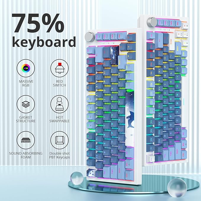 Guffercty kred 75% Percent Blue Keyboard Gasket Mount with Knob Hot-swappable RGB Wired Mechanical Gaming Keyboard Programmable for Mac/Win (82 Sea Fog Blue)