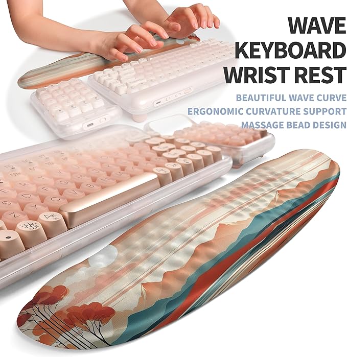 2-in-1 Ergonomic Set Wave Keyboard Wrist Rest and Massage Slope Mouse Pad Wrist Support Rebound Memory Foam for Relieve Carpal Tunnel Syndrome and Wrist Pain (Landscape)