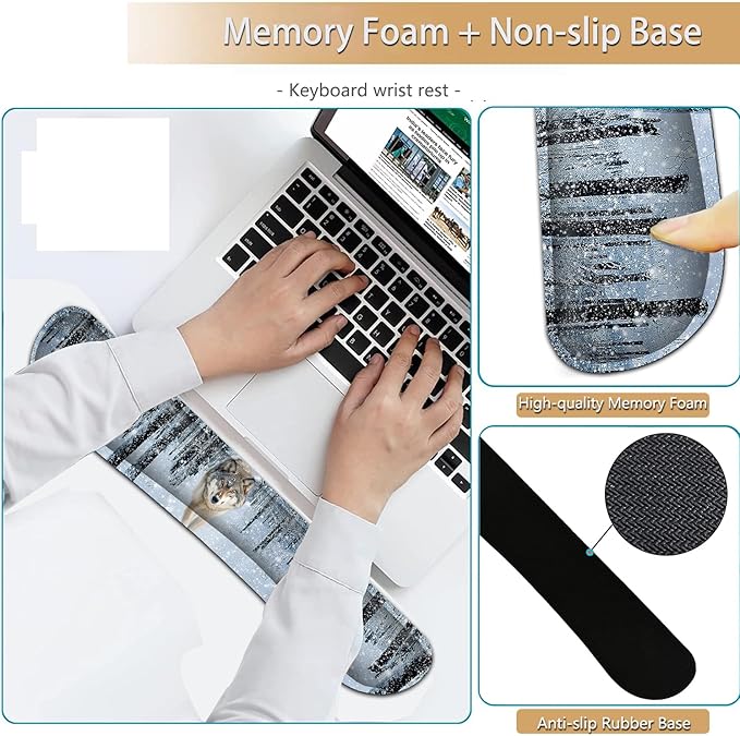 Keyboard Wrist Rest and Mouse Pad Wrist Support Set Ergonomic Gel Mouse Pad Wrist Rest with Non-Slip Base for Home Office Desk Pad Easy Typing Wolf in Snowy Forest Pattern Gaming Mouse Mat