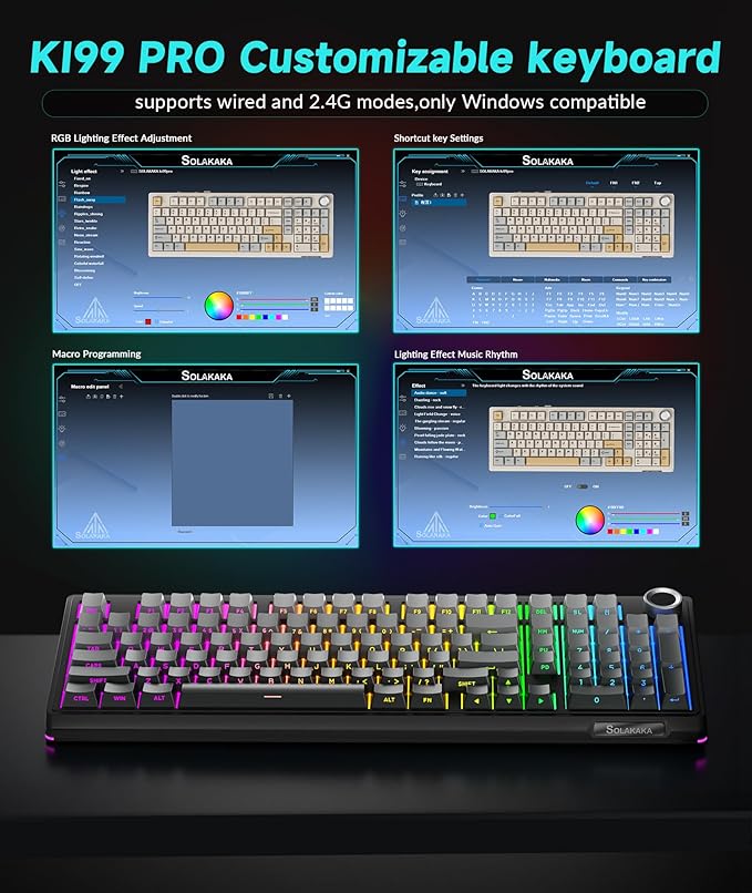 SOLAKAKA KI99 Pro 96% Wireless Mechanical Keyboard RGB Gaming Keyboard Hot-Swappable Pre-Lubed Switches Gasket Structure Creamy Keyboards (Gradient-Black Non-Silent Version)