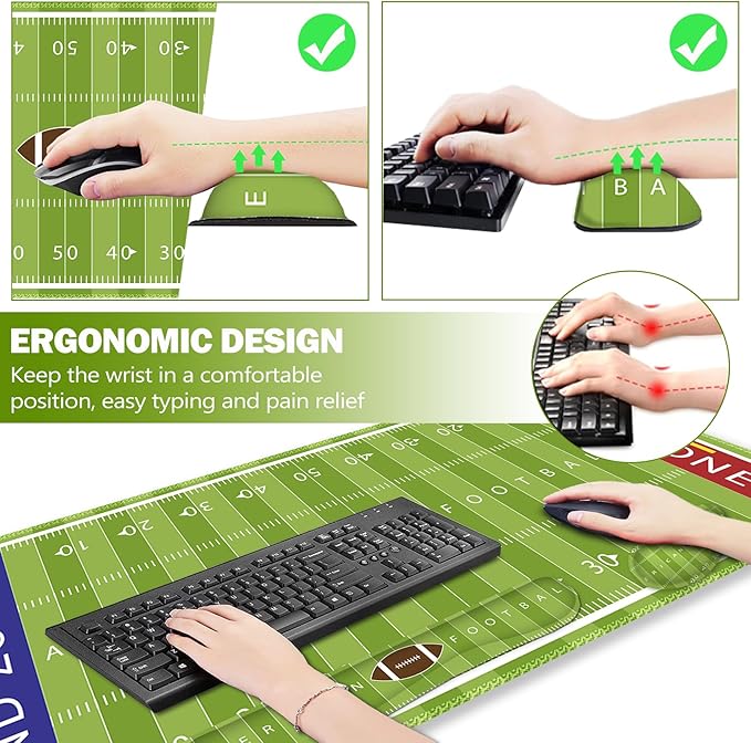 ARTSO Green Desk Mat Set Extended Gaming Mouse Pad with Wrist Rest Support +Keyboard Wrist Rest +Coaster Large Cute Mousepad American Football Field