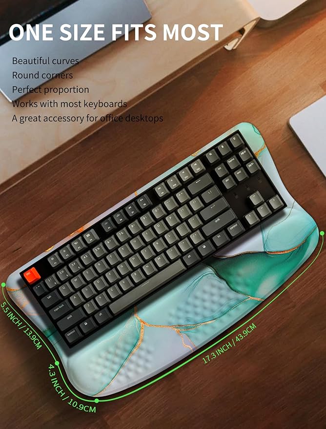 Ergonomic Wave Wrist Rest with Keyboard Stand Cushioned Palm Rest Comfortable Integrated Memory Foam for Natural Typing and Relieve Wrist Pain Green Gold Marble