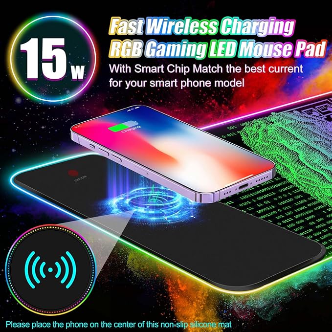 ToLuLu Wireless Charging RGB Gaming Mouse Pad 15W LED Mouse Mat with 30W Charger 14 Light Modes Large Mousepad Wrist Support Non-Slip Rubber Base Desk Mat Computer Keyboard Pad Right Left Brain