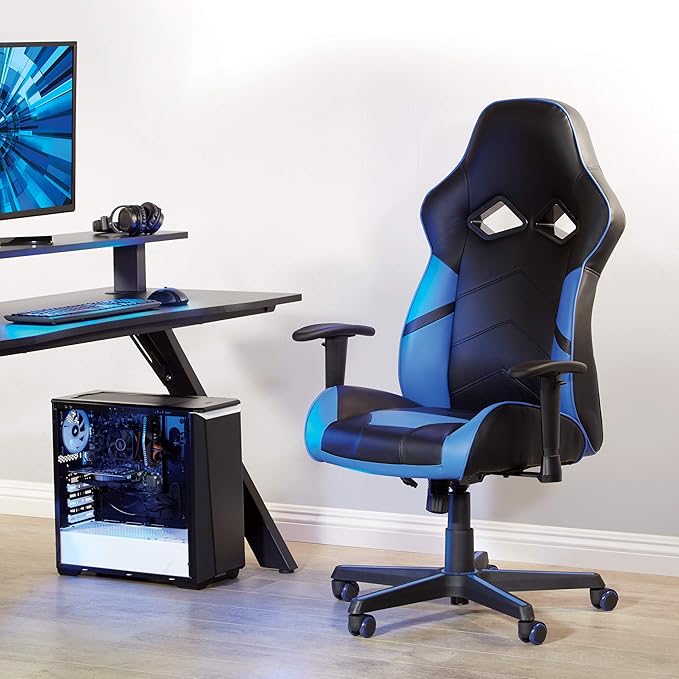 OSP Home Furnishings Vapor Ergonomic Adjustable High Back Faux Leather Gaming Chair with Coil Spring Seat and Integrated Cooling Airflow Blue Accents