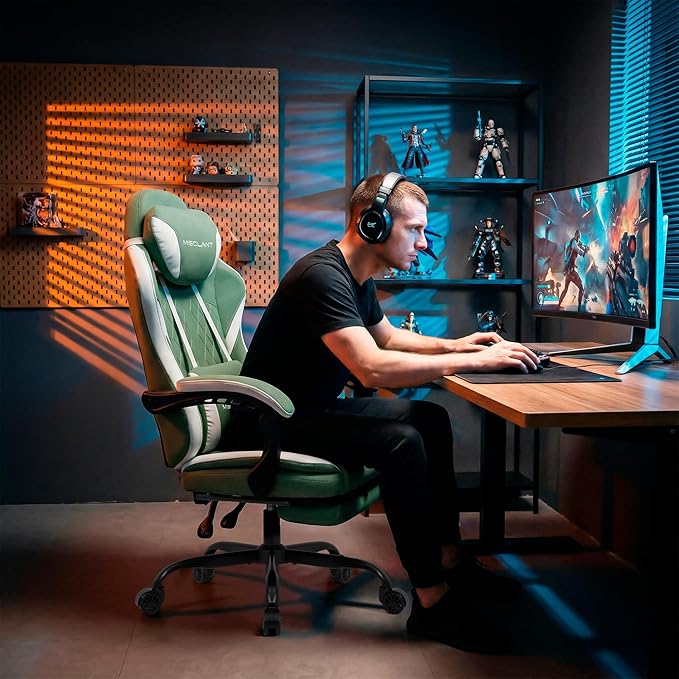 Misolant Gaming Chair Fabric Gamer Chair with footrest for Adults High Back Ergonomic Computer Game Chair with Adjustable Headrest and Massage Lumbar Support 90-155° Recline Free Green