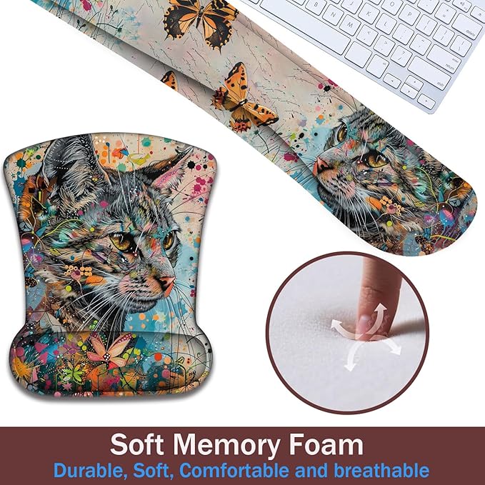 Keyboard Wrist Rest and Mouse Pad Wrist Support with Lace-Shaped Coaster Set Ergonomic Gel Memory Foam and Anti-Slip Base Easy Typing and Pain Relief - Kitty