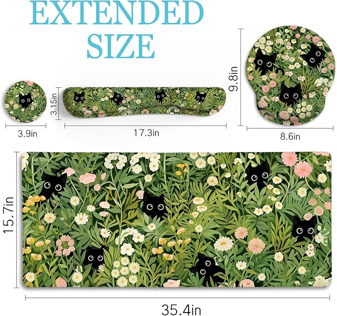 Cat Ergonomic Mouse Pad with Wrist Rest Desk Mat Set Green Gaming Mouse Pad Wrist Support Keyboard Mat Wrist Rest Cup Coaster Funny Office Decor