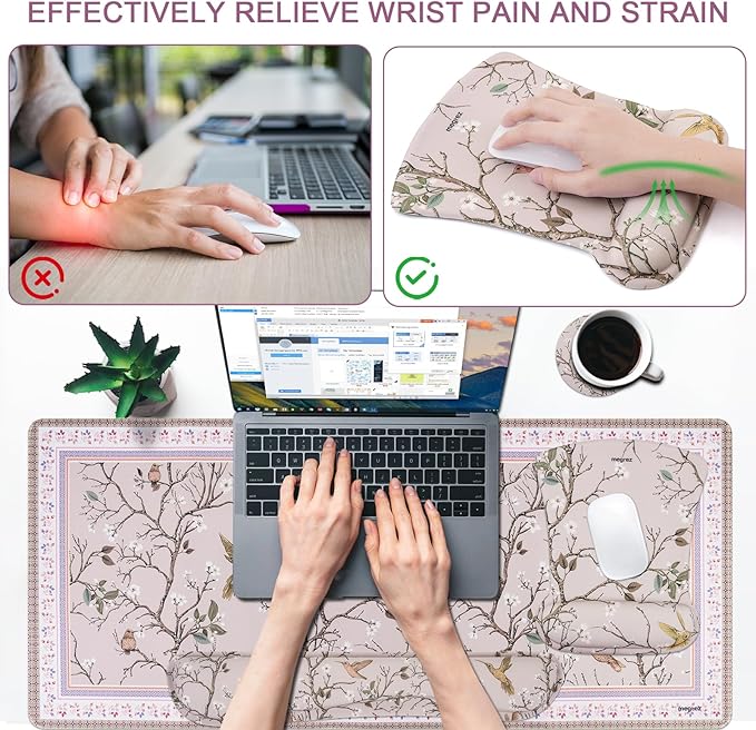 MEGREZ 4-in-1 Ergonomic Memory Foam Wrist Rest Set Desk Pad Mouse Pad with Wrist Rest Keyboard Pad Suitable for Office Workers Programmers &amp Gamers–Relieve Typing &amp Gaming Fatigue Light