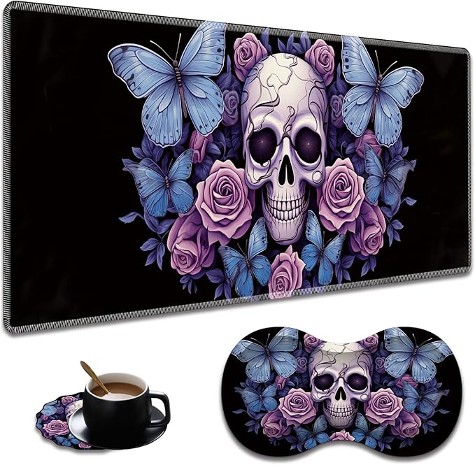 Extended Non-Slip Mouse Pad + Mouse Wrist Rest + Lace-Shaped Coaster Set Ergonomic Design Suitable for Desk and Home Gaming Table Mat Skull Butterfly Roses