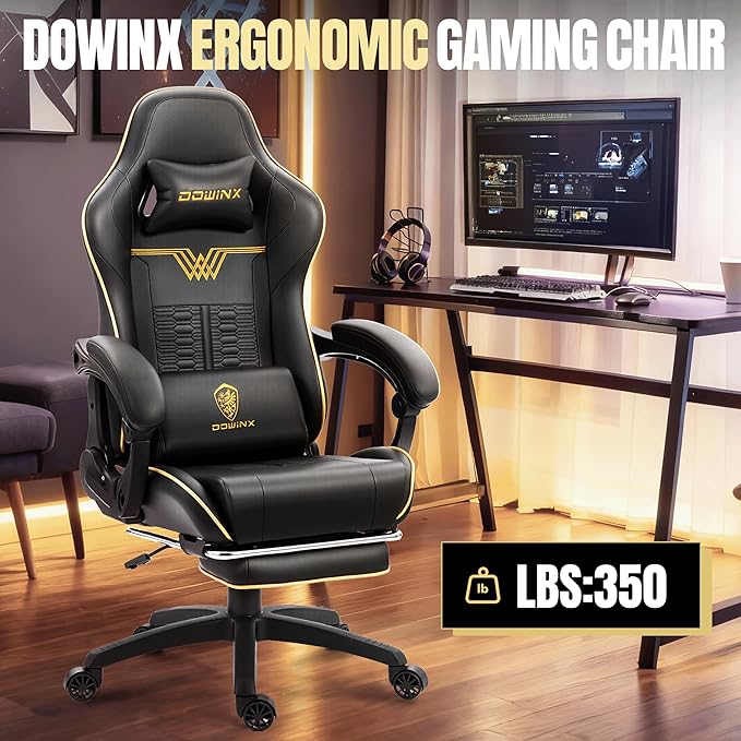 Dowinx Gaming Chair Big and Tall 350LBS Heavy Duty PC Gaming Chair with Massage &amp Footrest Ergonomic Reclining Gamer Chair with Embroidered Esports Design Black