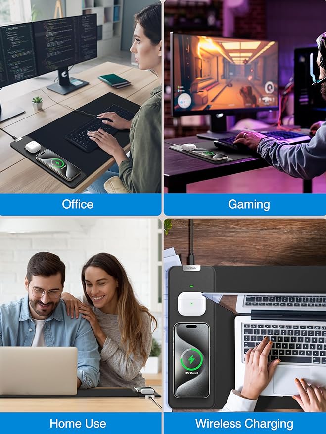 TopMade Mouse Pad with 15W Fast Wireless Charging 31.5x11.81 XL Large Gaming Mousepad Waterproof Desk Pad Classic Black Computer Desk Mat(Includes 20W PD Power Adapter &amp 6.56ft Woven Cable)