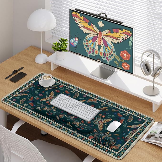 iCasso Large Mouse pad for Desk Computer Desk Mat 3Pcs XXL Keyboard and Mouse Pad + Keyboard Wrist Rest Desk Matt for Desktop Easy Typing Pain Relief Ultra Thick Mousepad Keyboard Mat(Green)