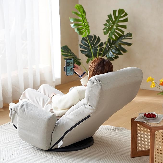 Floor Chair with Back Support Swivel Gaming Chair with 5 Adjustable Position Meditation Chair with Phone Holder Linen Indoor Lounge Chair for Lazy Boys Living Room Bedroom Lounge Grey